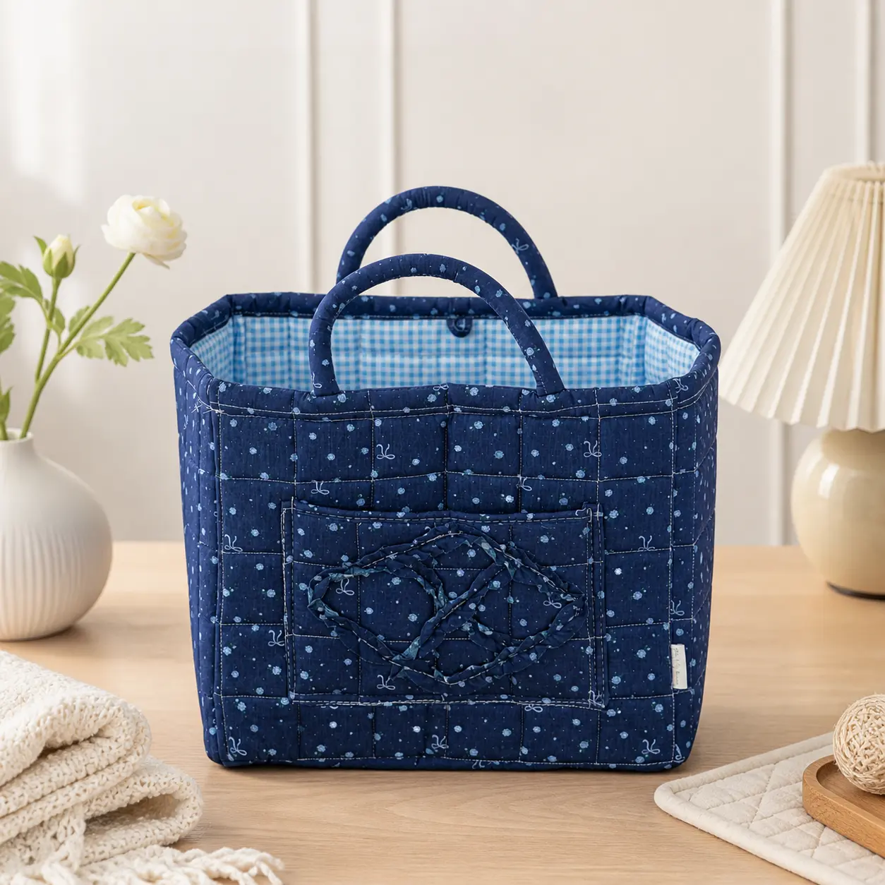 The jelly home Women's Handheld Quilted Storage Basket, 4-Color Rose Series Blueberry Hue, Large Fabric Basket for Home Clothing & Miscellaneous Items