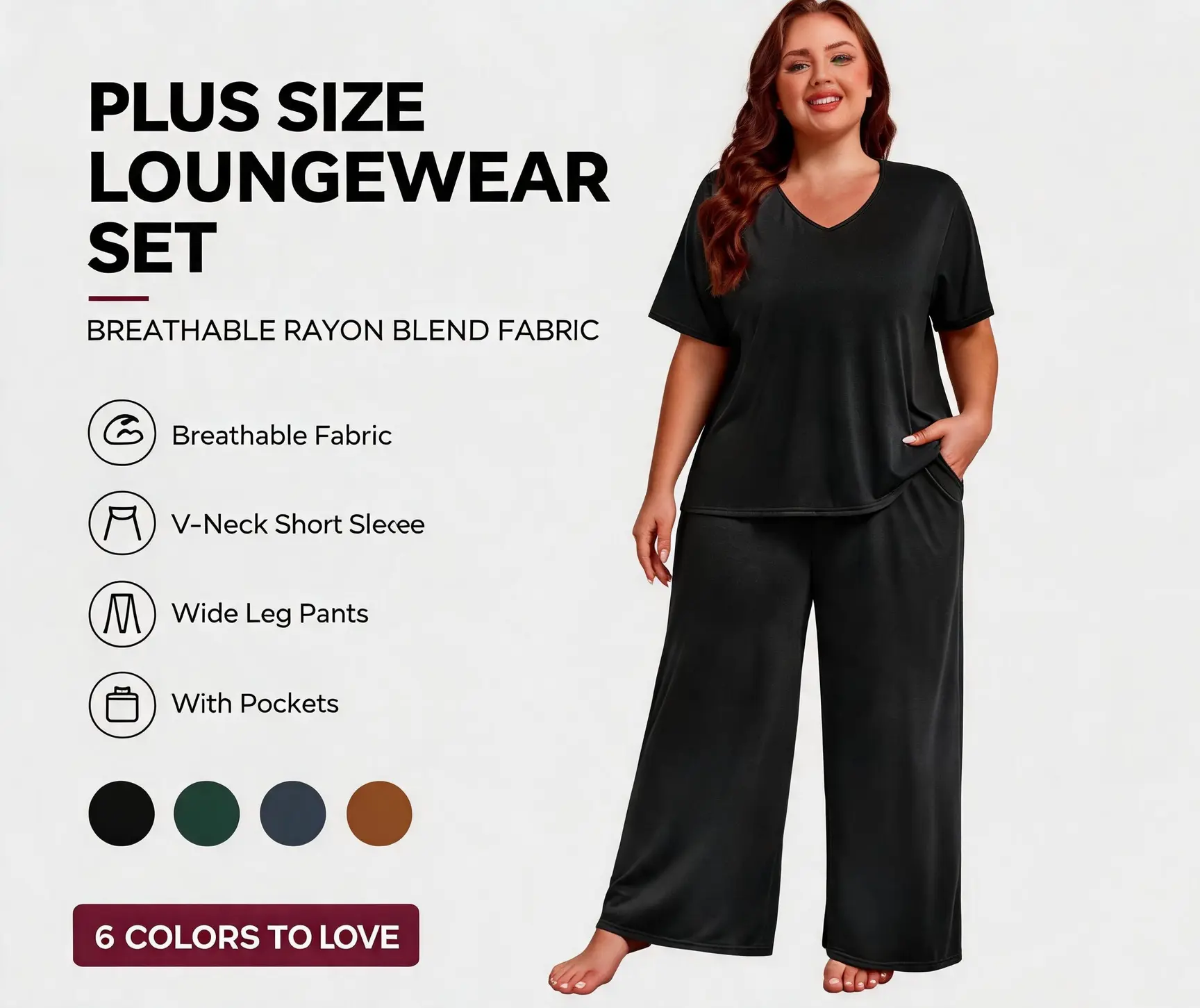 FEREMO Women's Plus Size Pajama Set, Loose-fitting V-Neck Rayon Loungewear, 2-Piece with Wide Leg Pants and Pockets for All Seasons