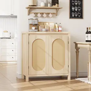 Natural Oak Sideboard Cabinet, 30.1INCH Buffets & Sideboard with Rattan Doors, 2 Door Design, Natural Wooden Sideboard Cabinet for Dining Room and Kitchen