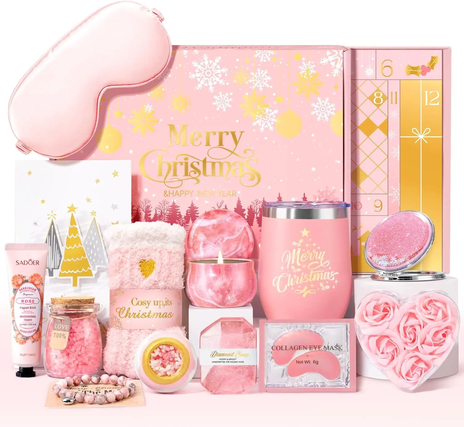 Summer Spring Gift Advent Calendar 2025 Adult Women, 12 Days of Valentine Advent Calendar for Her, Women, Mom, Wife, Teens, Girlfriend, Sister - Unique Pink Spa Gifts Basket Set