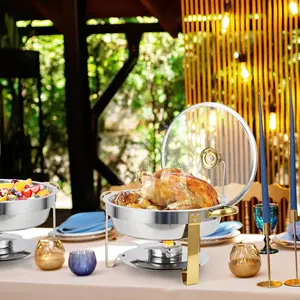 Chafing Dish Buffet Set 2 Pack 5QT, Stainless Steel Round Chafing Dishes for Buffet with Lid Holder & Glass Lid, Buffet Servers and Warmers for Parties, Wedding, Camping, Dinner, Gold Bakeware Tray