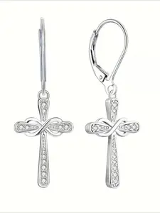 Hypoallergenic Ear Jewelry with Gift Box Exquisite Cross Design Shiny Zirconia Inlaid Dangle Earrings Faithful Jewelry, Cross Ornamentation Earrings Studded Cross Earrings