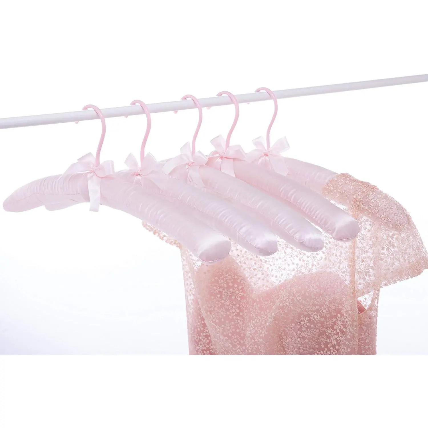 17 Inch  Anti Slip Pink Satin Padded Bridal Wedding Dress Hanger No Bumps for Dress Coats, Sweaters Pack of 5 (Pink, 5)