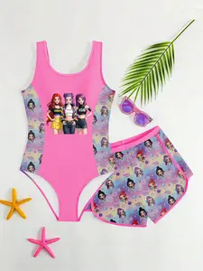 Kpop Anime Sweet Cool Dance Girl Swimsuit Set, Sleeveless One-Piece Swimwear and Shorts 2 Piece Set, High Stretch Fabric Comfortable, Swimwear Sets