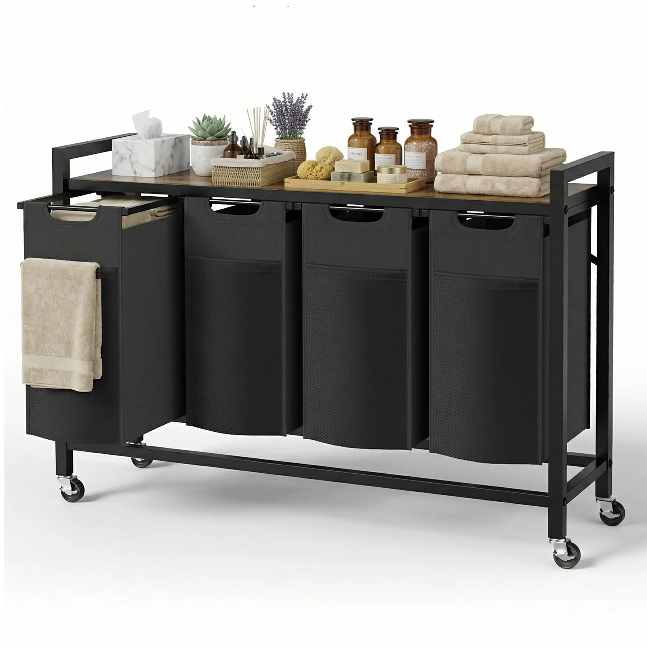 Rolling Laundry Sorter with Top Storage Shelf - Industrial Pull-Out Laundry Hamper Cart with Removable Waterproof Bags & Locking Wheels for Bedroom, Bathroom, Laundry Room