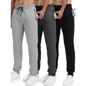 for Men Fleece 3 Pack Joggers Gym Workout Athletic Track Mens Sweat Pants Cotton with Zipper Pockets