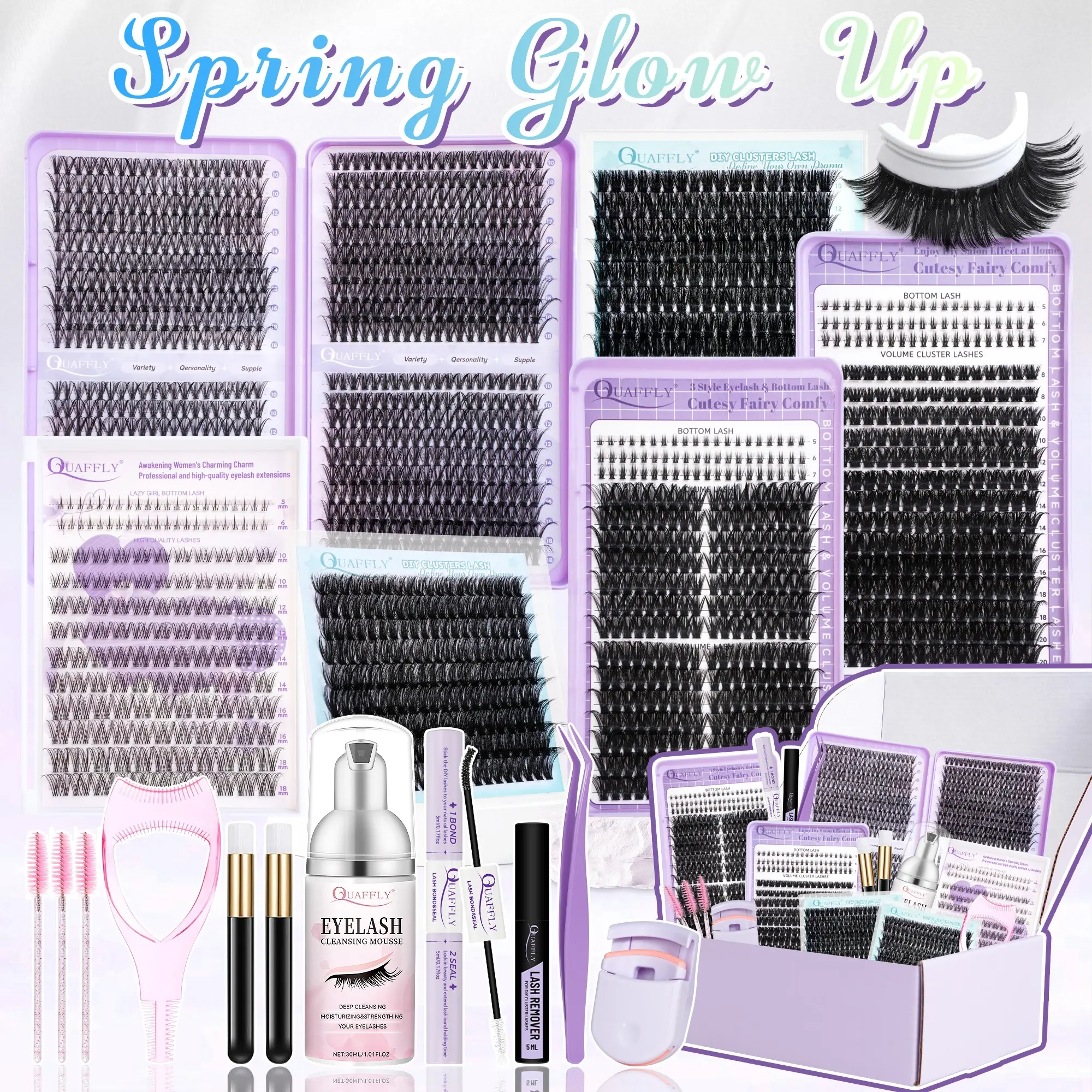 QUAFFLY Lash Clusters Kit, Individual Lash Clusters 1870Pcs DIY Lash Extension Kit Bottom Eyelash Extensions Kit D Curl with Lash Bond and Seal Lash Remover Tweezers Lash Curler Cleansing Mousse Shampoo Brush*2 Mascara Guard Eyelashes Extension Set
