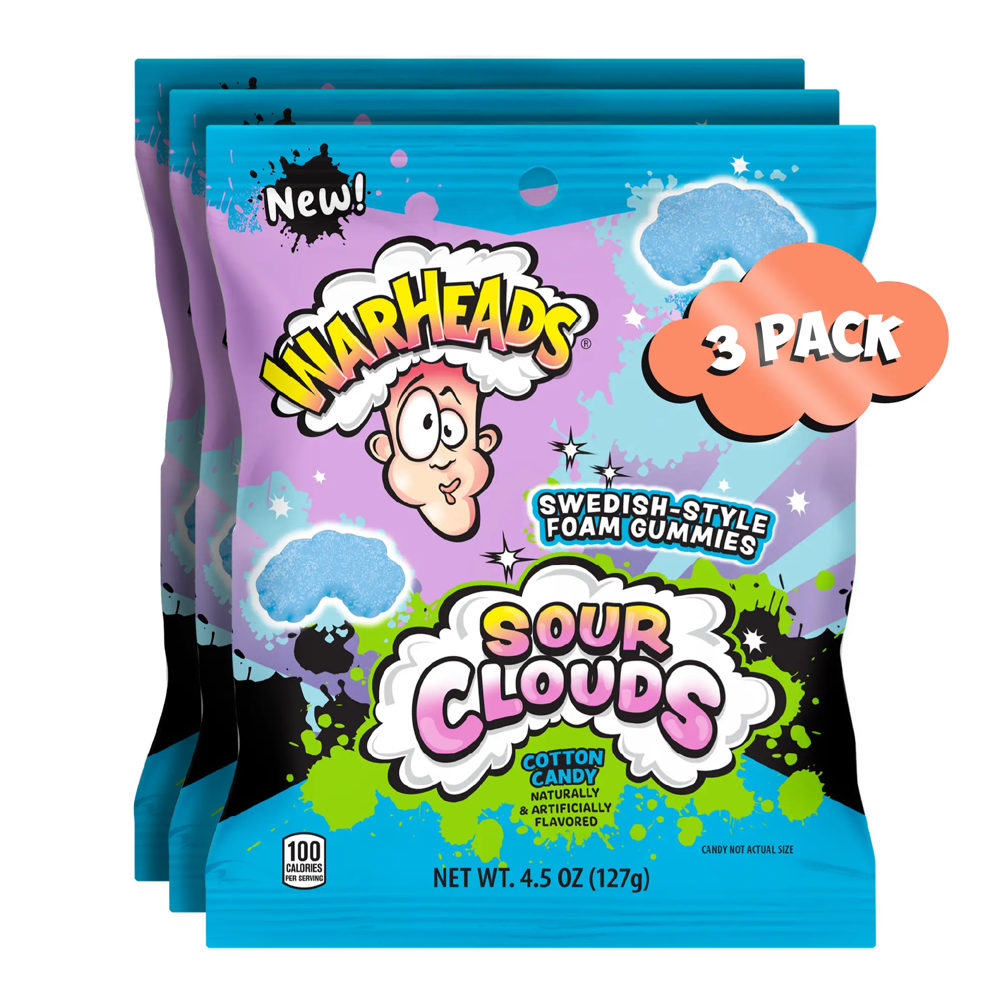 Warheads Sour Clouds Cotton Candy 4.5 oz - 3 Pack