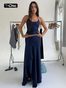 Women's Summer Outfit, Matching Outfit Set, Womenswear, Solid Sleeveless Tie-neck Cami Top & Bodycon Side Split Irregular Hem Long Skirt Two-piece Set, Backless Halter Neck Lace-up Camisole with Slit Ruffles Skirts, Party Club Date Holiday Casual Outfits