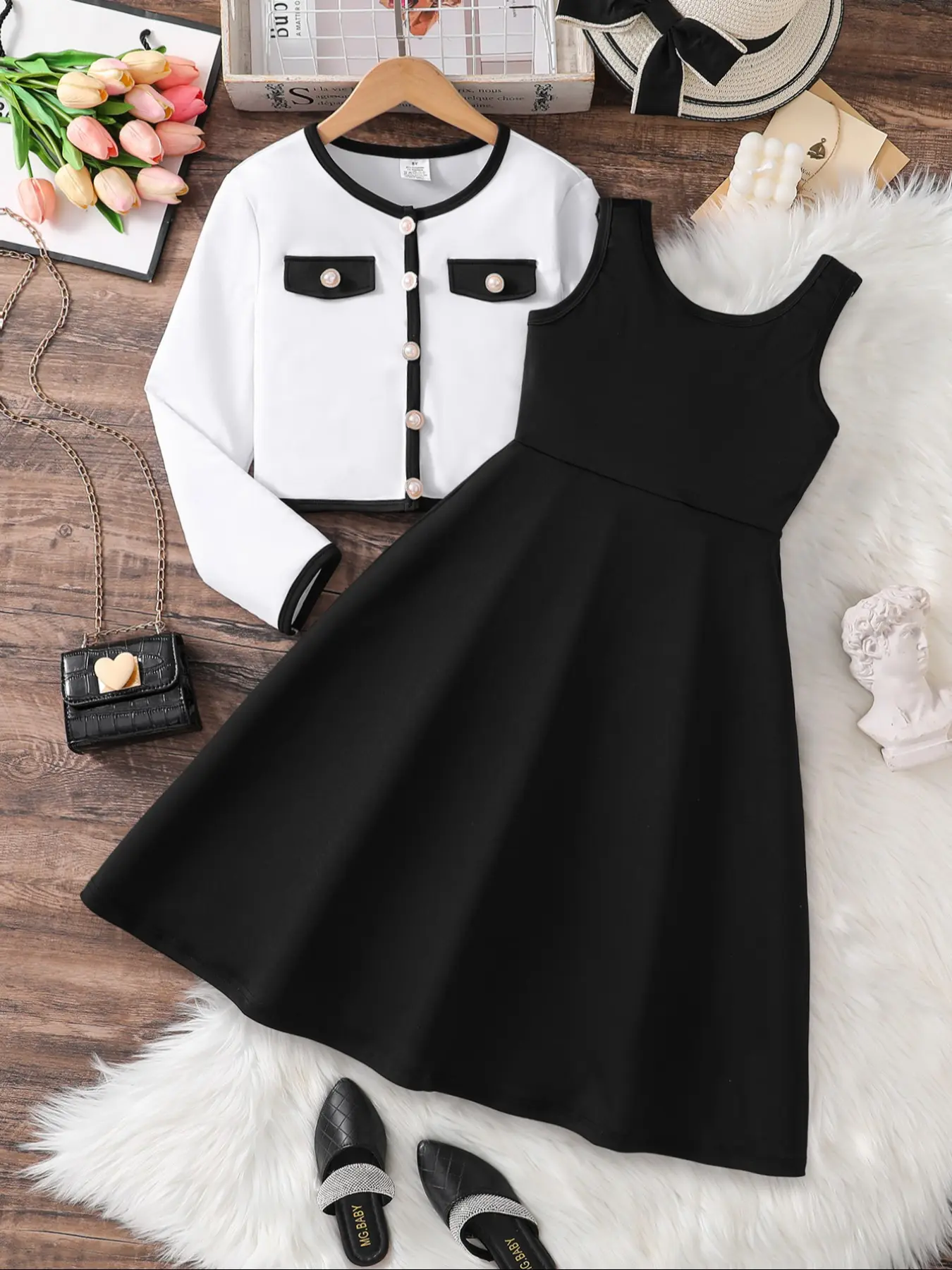 Elegant Girls' Dress Set, Spring Dresses, Solid Color Dress, Sleeveless A-Line Knee-Length Skirt & Long-Sleeve Vest, Perfect for Spring & Fall Casual Wear