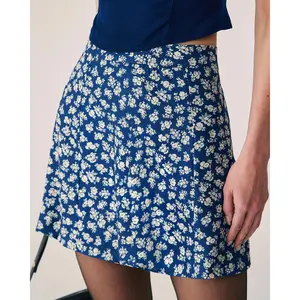 rihoas Women's Navy Floral Print A-Line Mini Skirt - Lightweight Polyester Blend Spandex Fabric Bottom with Zippered Front, Ideal for Daily Use, Blue Floral Skirts, Flower Print Skirts