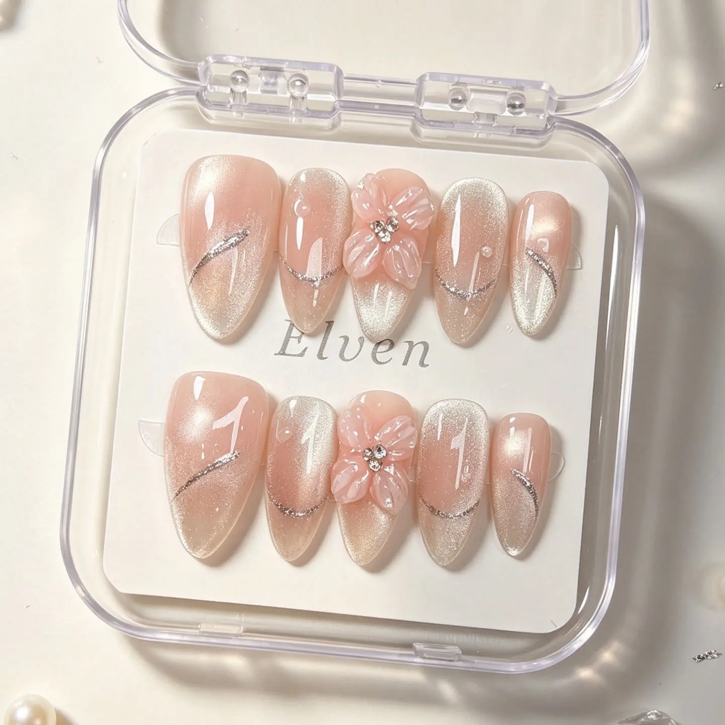 Handmade Nude Pink Cat Eye Gradient Press On Nails With 3D Floral, Silver Glitter Line & Pearl Accents, Medium Almond Reusable Fake Nails For Elegant Daily Wear