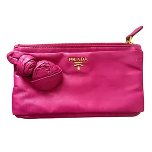 Pre-owned PRADA Clutch Clutches & Wristlets pink leather rose appliqué bag authentic with COA
