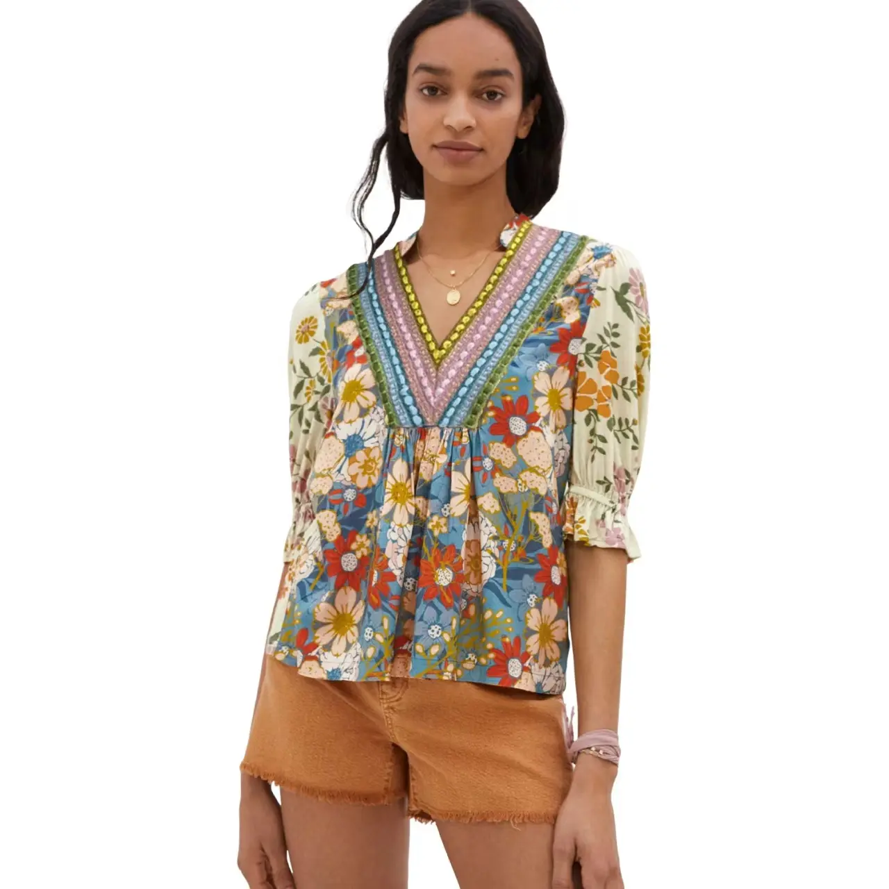 Multicolour Crochet V Neck Half Sleeve Boho Floral Blouse