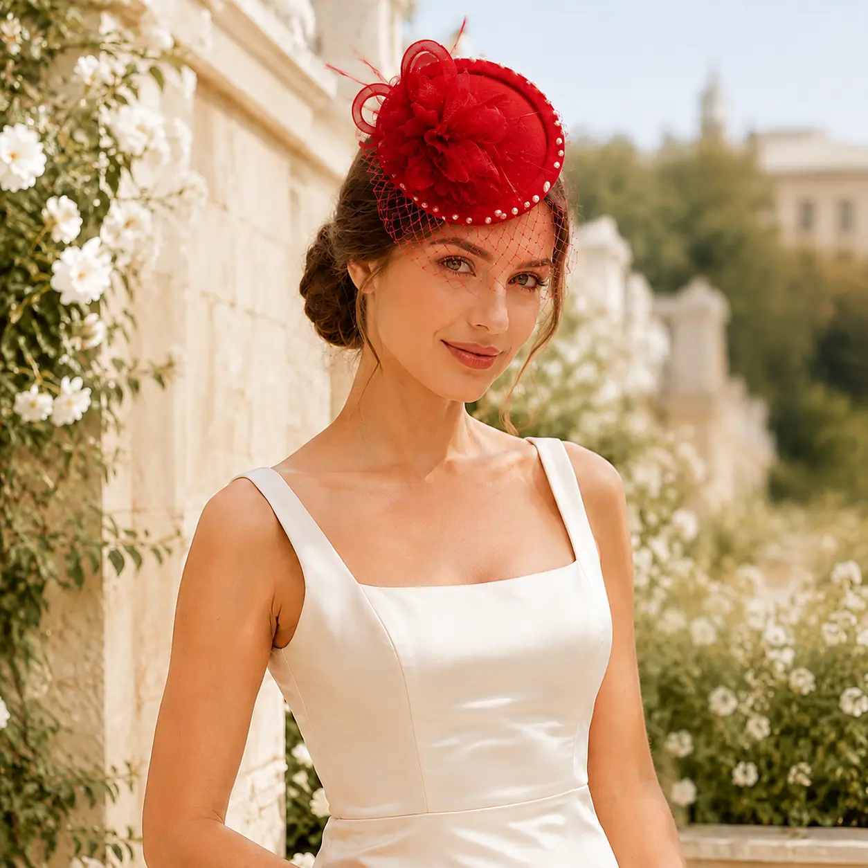Women’s Red Vintage Fascinator Hat - Mesh Veil, Pearl, Flower Accents Formal Headpiece for Wedding, Derby Events