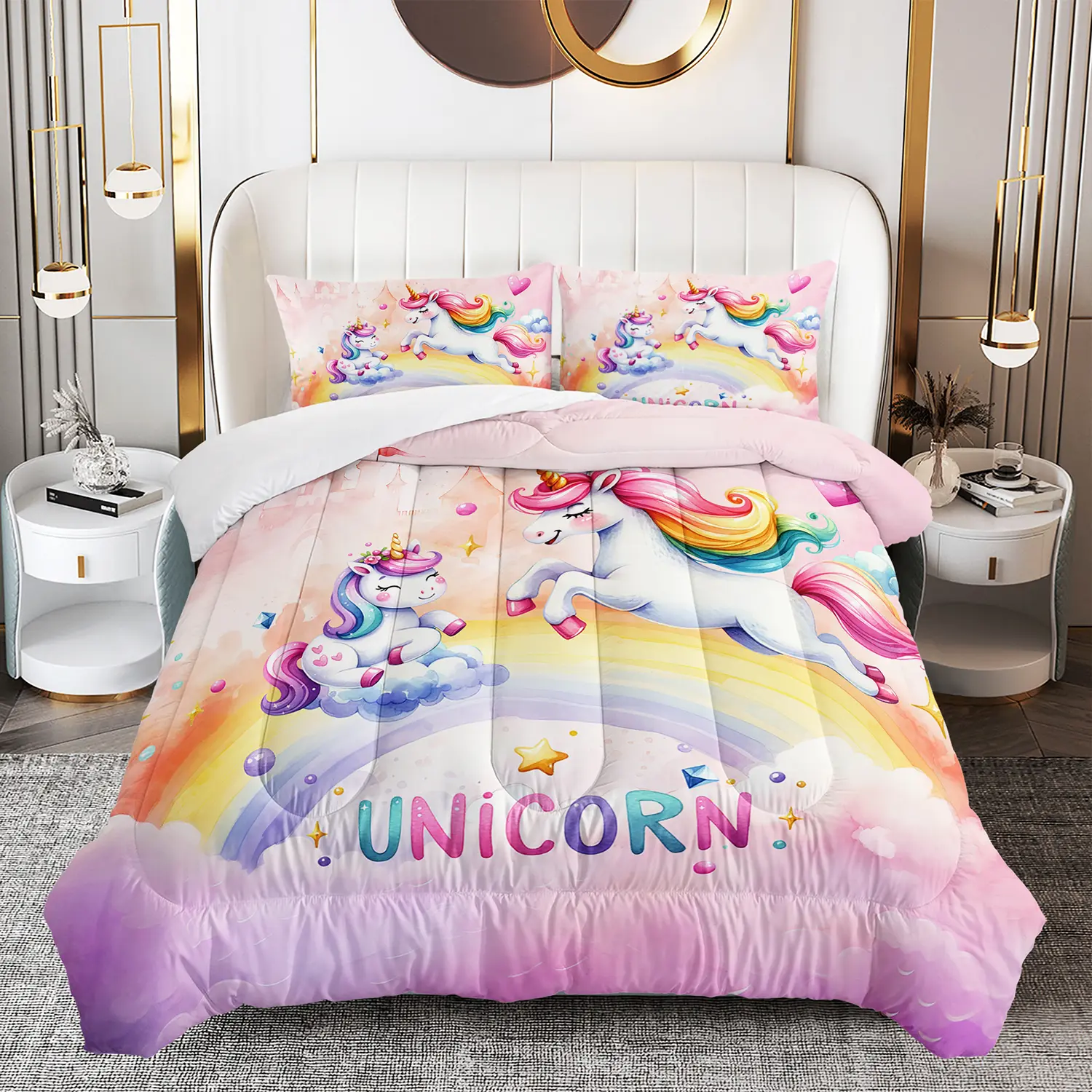 3pcs Queen Size Comforter Set - Mythical Theme Unicorn Print Pink Breathable Microfiber Quilt Bedding Set, All-Seasons Machine-Wash Bed Cover with 2 Pillowcases for Girls’ Bedroom Decor, Cozy Setup Family Gift