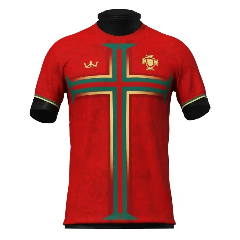 Portugal Soccer Jersey 2026 Red Home Kit Gold Cross Green Detail Crown Crest Unisex Loose Fit Fan Tee Casual Street Sport Fall Winter Spring All Season