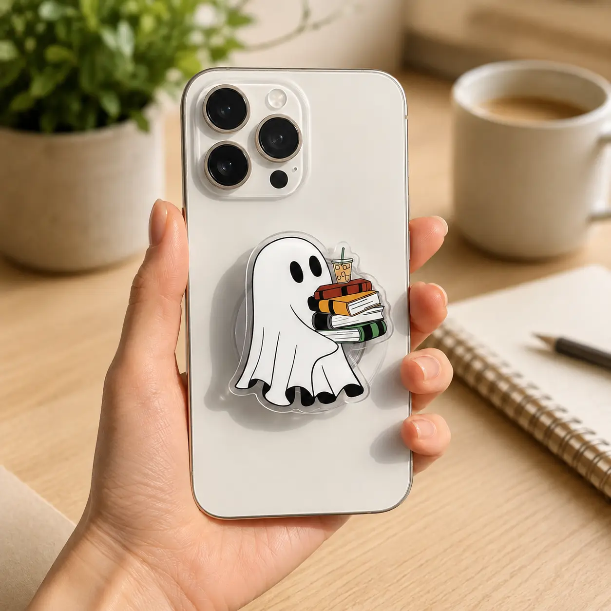 Spooky Cozy Ghost MagSafe Phone Grip Iced Coffee Book Stack Magnetic Kindle Grip Cute Bookworm Aesthetic Reader Gift