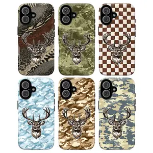Camouflage Deer Antler Phone Case, Camouflage Blue Green Brown Beige Checkerboard Animal Print Wildlife Hunting Nature Retro Outdoor Aesthetic Gift Fashion Vibes, iPhone 17 16 15 14 13 12 Pro Max Plus X, Gala, Samsung S25, S24 Gift for her