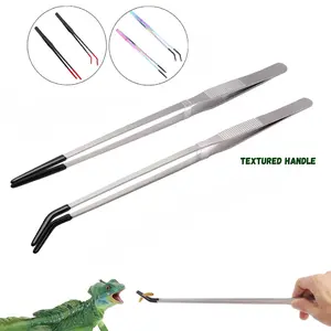 2PCS Grey/black/Colorful version 10.6"L Stainless Steel Reptile Feeding Tongs with Rubber Tip, Handle, Straight & Curved Long Tweezers for Aquarium or Craft, Bearded Dragon Tank Snakes Enclosure Accessories, Terrarium Supplies