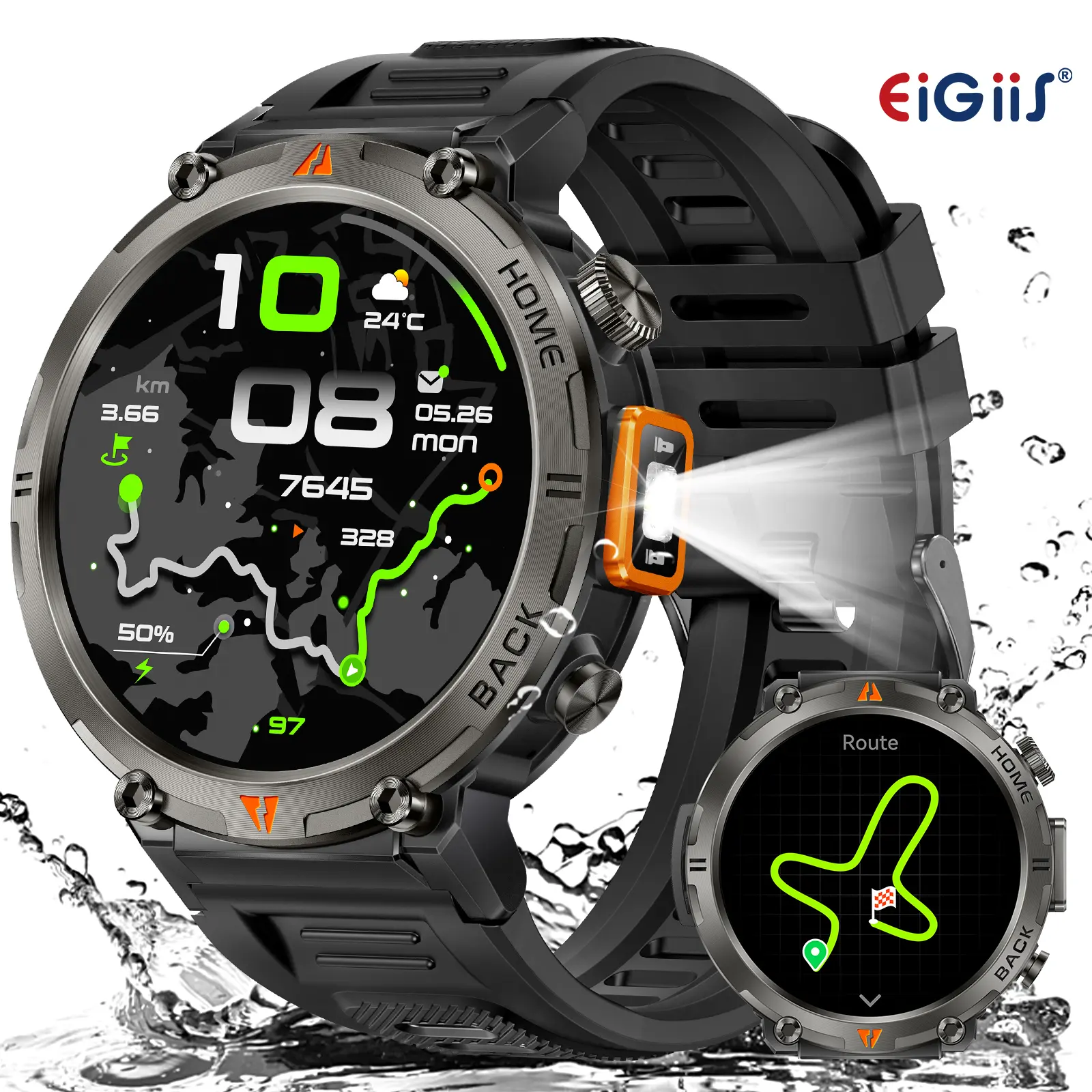 EIGIIS KE3Pro Smart Watch for Men, Wearable Device with 1.45'' HD Screen, GPS, LED Flashlight, Call Make/Answer, 3ATM Waterproof, 100+ Sports Modes, Compass, Weather Check, Fitness Tracker Watch, Silicone Band, Music Control, Outdoor Gift, Black Silicone,