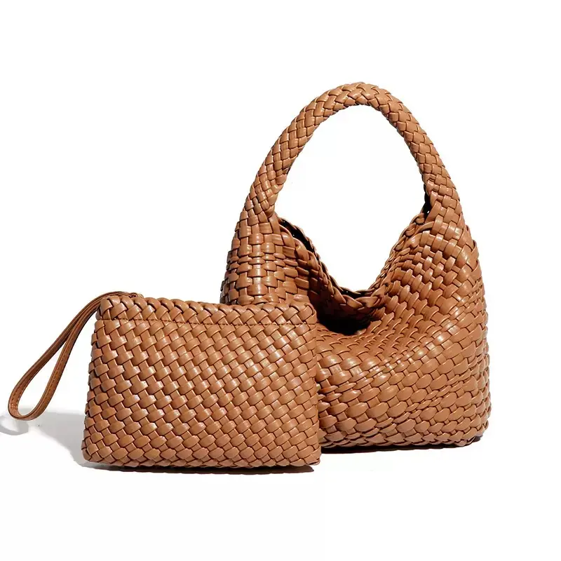 Women's Woven Vegan Leather Shoulder Tote Bag - Lavender Mist, Chic, Lightweight, Minimalist, Plain-Textured Handwoven Bag for Spring, Summer Everyday Use, Woven Tote, Shoulder Straps, Casual, Bags For Women