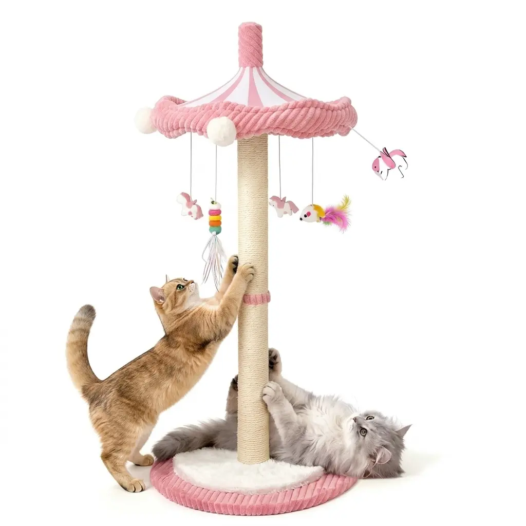 39" Tall Carousel Cat Scratching Post with Hanging Balls & Rotating Top, Sisal Rope Cat Tree, Super Stable Indoor Scratching Furniture for Bored Adult Cats, #backtoschool,Interactive Cat Toy Tower