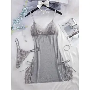 Women's Solid Color Lace Trim Cami Nightdress & Thong Sexy Sleepwear Two-Piece Set, Soft Comfortable Nighty Dress & Panty Set, Women's Sleepwear for All Seasons, Loungewear, Womenswear