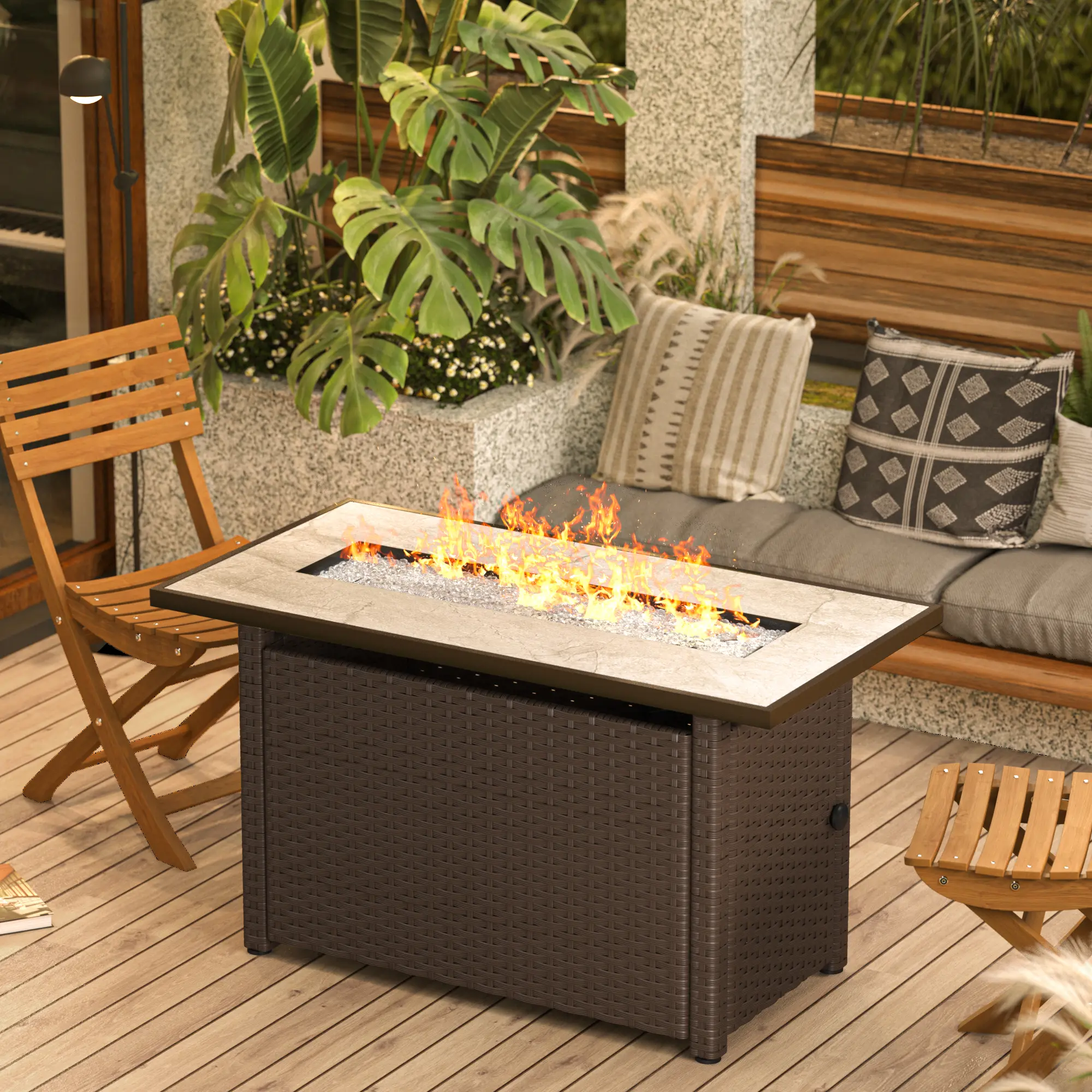 Gizoon Modern 45-in Rectangle Metal Patio Fire Pit Set, 50000 BTU Propane Fire Pit Table with Lid, Waterproof Cover & PE Rattan for Garden Backyard Use