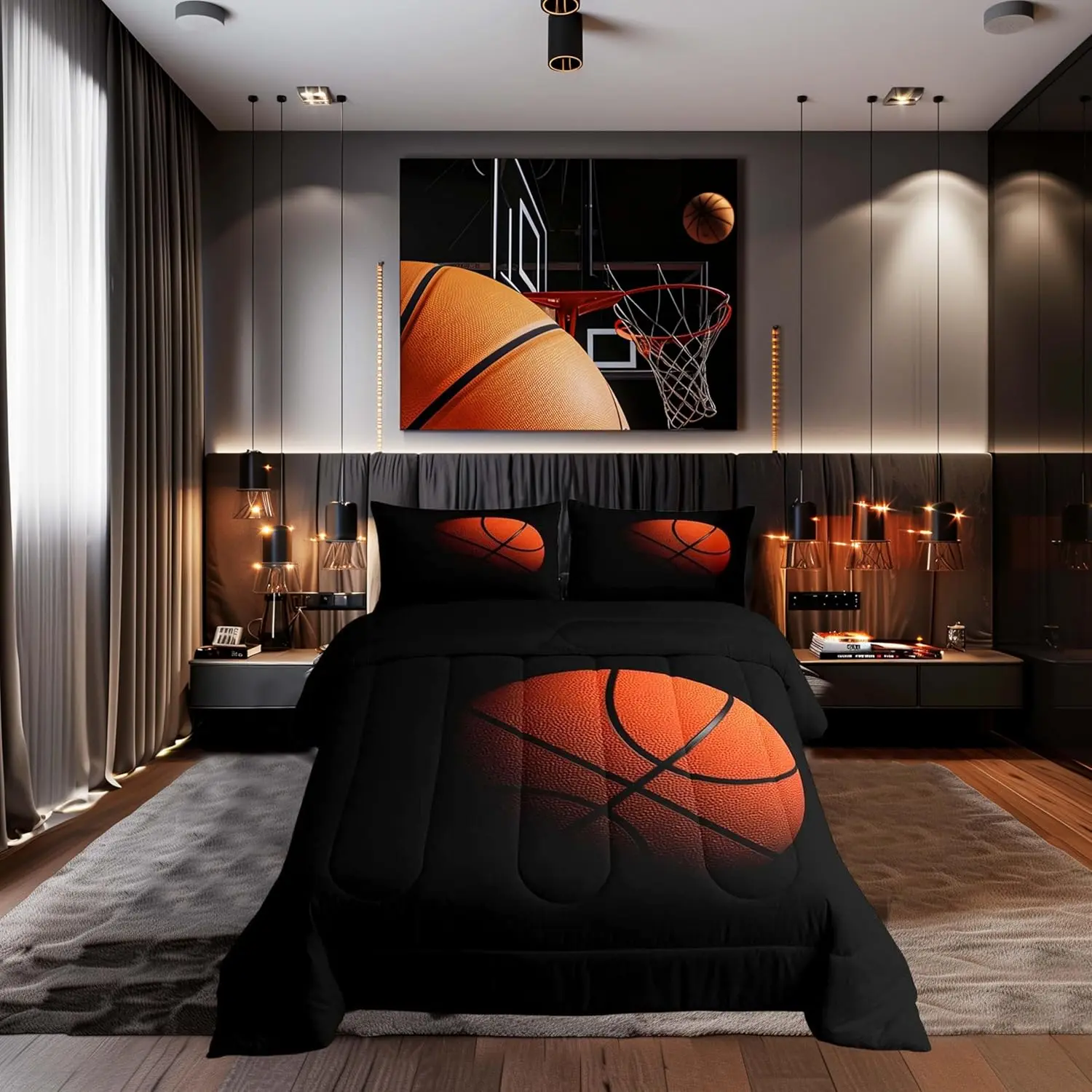 Feelyou Soft 3D Digital Printing Basketball Microfibre Duvet Set - Breathable Textile, Black & Orange, Machine Washable, Tumble Dry in Low Heat, Multi-Size (Toddler, Twin, Full), Sporty Kids Bedding for Dormitory, RV