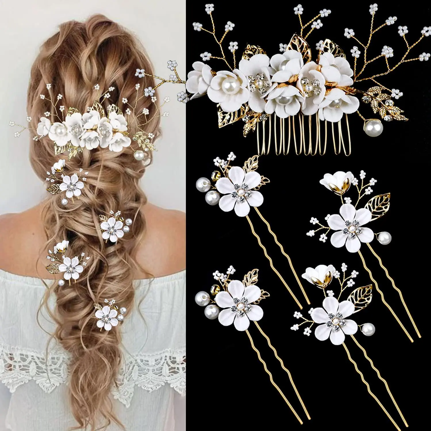 5Pcs Gold Wedding Hair Clip Comb Handmade Bridal Hair Accessories for Women Wedding