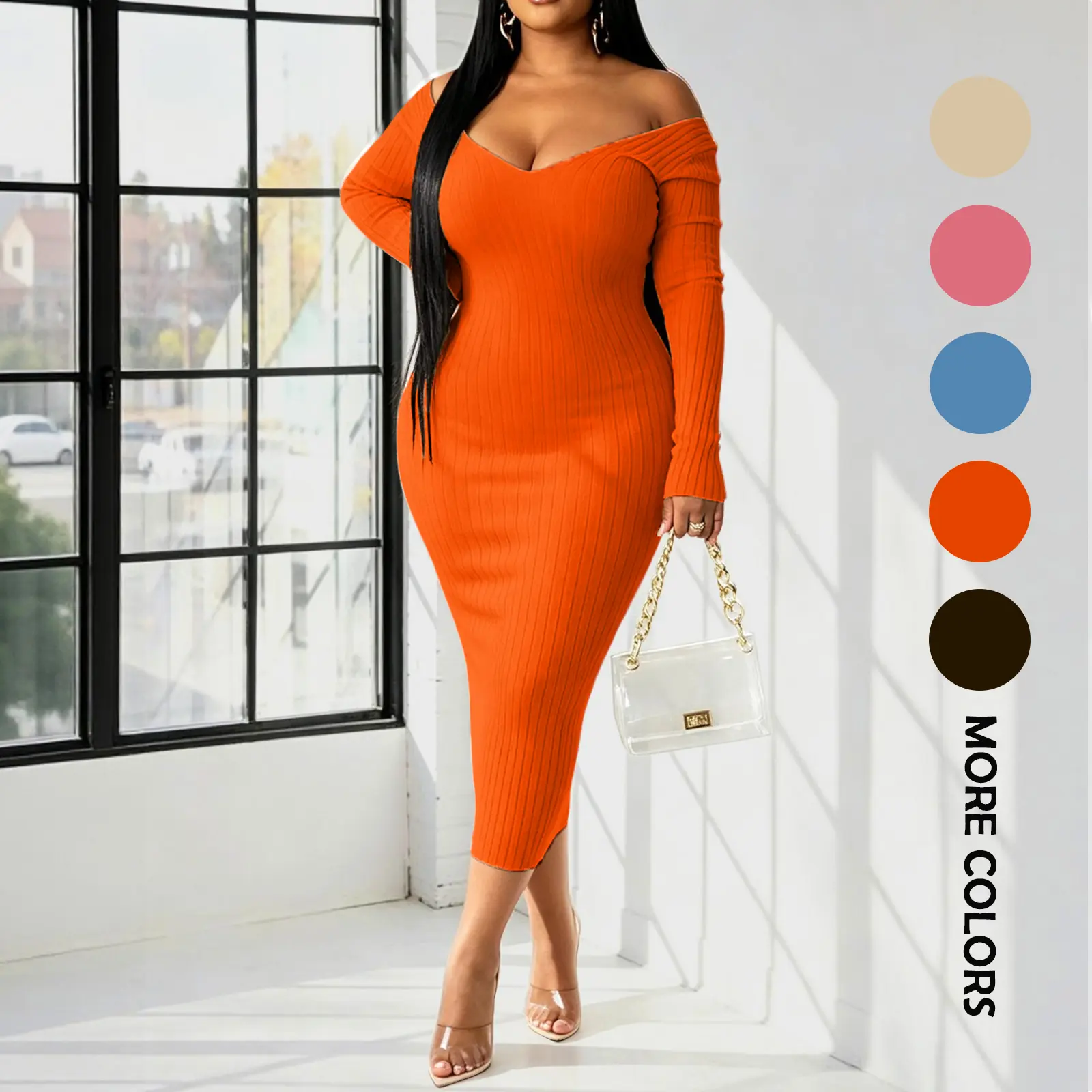 Women’s off-shoulder V-neck ribbed knit midi dress with long sleeves; bodycon slim fit with vertical rib texture; curvy plus-size figure-hugging party/evening/casual going-out dress