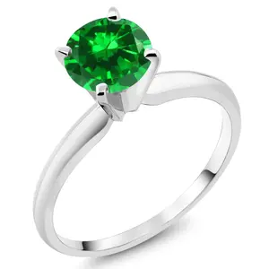 Gem Stone King 14K White Gold Green Created Emerald Solitaire Engagement 4-Prong Ring For Women | 1.00 Cttw | Round 6MM | Gemstone May Birthstone