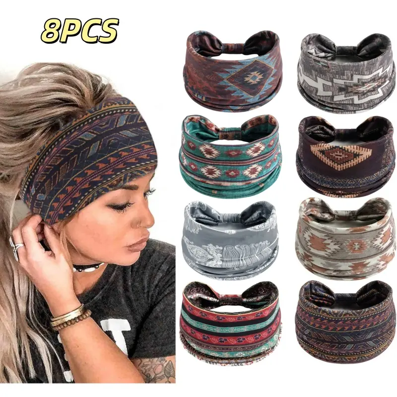 Set of 8 Bohemian Style Wide Headbands, Vintage Printed Non-Slip Thick Headscarves for Women, Pure Yoga Sweat-Absorbing Headbands, Fashionable Hair Accessory Set