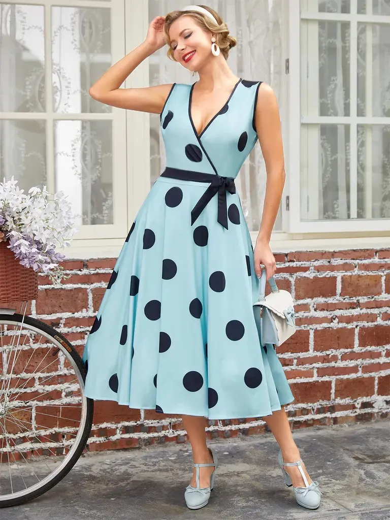 RETRO STAGE Women's 1950s Retro Charm Bow Polka Dot Sleeveless V-Neck Fitted Casual Classy Swing Dress, Lady's Summer Casual Wear, Casual Classy Dresssummer dresses vacation outfits Vneck