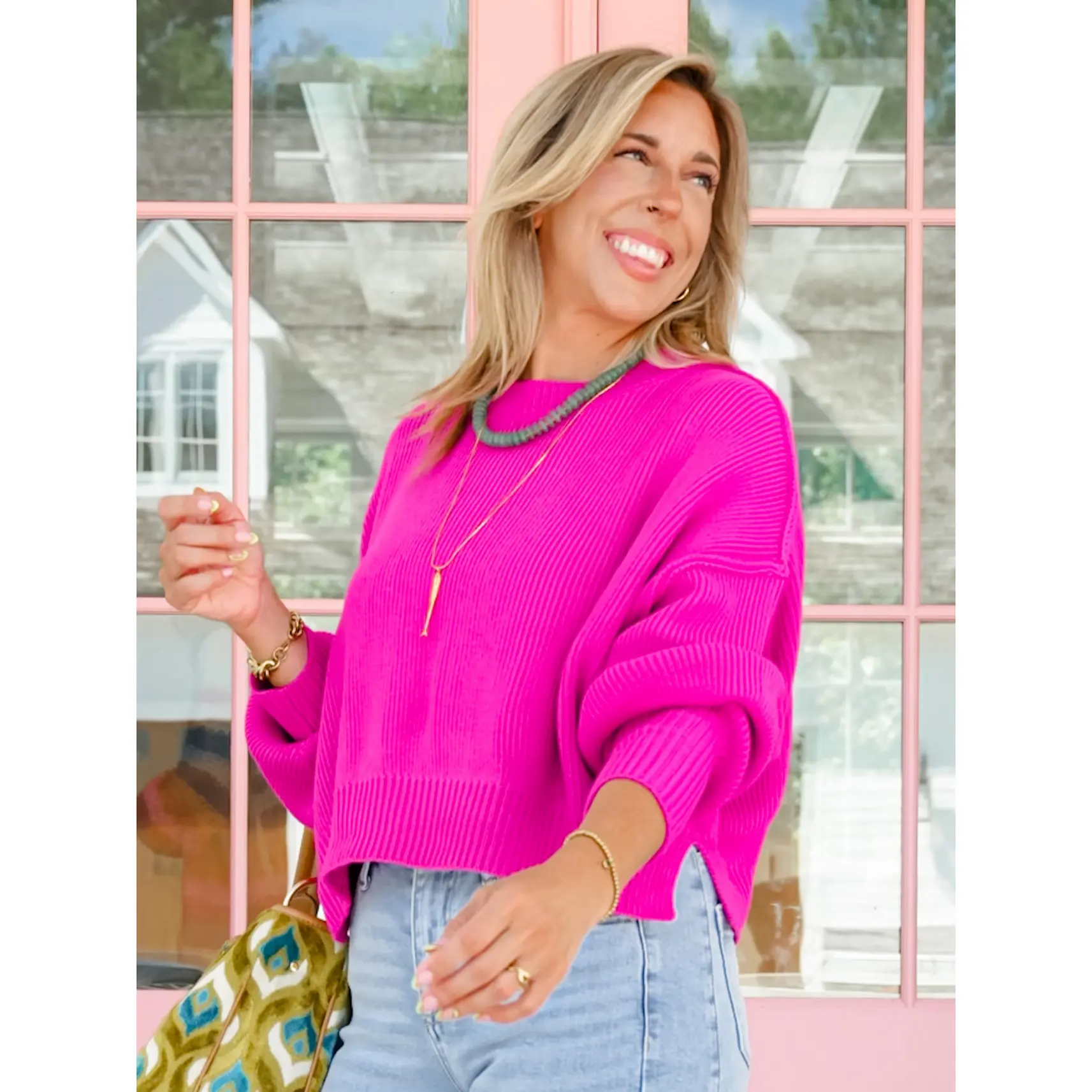 Ribbed Knit Drop Shoulder Crop Sweater
