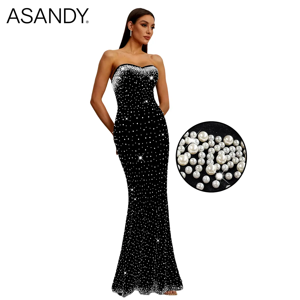 ASANDY Women's Black Strapless Sweetheart Neck Mermaid Formal Maxi Dress - Gradient Pearl & Rhinestone Embellished Lace-Up Corset Back, Ankle-Length Floor-Length Corset-Style Crystal-Adorned Glamorous Party Dress for Prom, Ankle-Length Party Dresses, Cors
