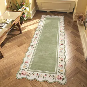 Floral 2'x 6' Washable Kitchen Runner Rug, Green Rug Runners for Hallways Non Slip, Scalloped Runner Rug Ultra-Thin Stain Resistant Boho Carpet for Entryway Bathroom Bedroom Ariele(Green,2x6ft)