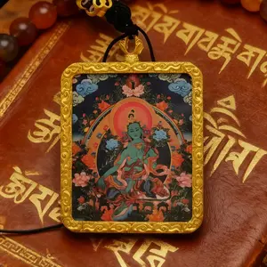 Green Tara Thangka Pendant Xizang Hand-Painted Amulet for Protection & Peace Traditional Tibetan Artwork with Golden Frame