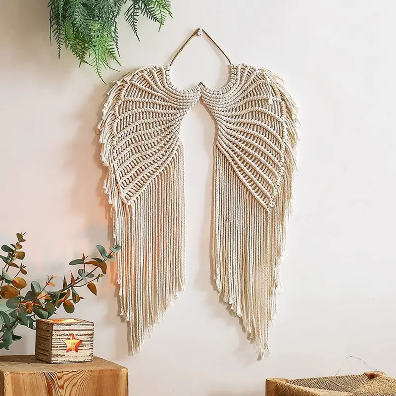 Angel Wings Macrame Wall Hanging, Bohemian Handcrafted Woven Cotton Rope Decorative Wall Art with Fringe for Living Room, Room Decor