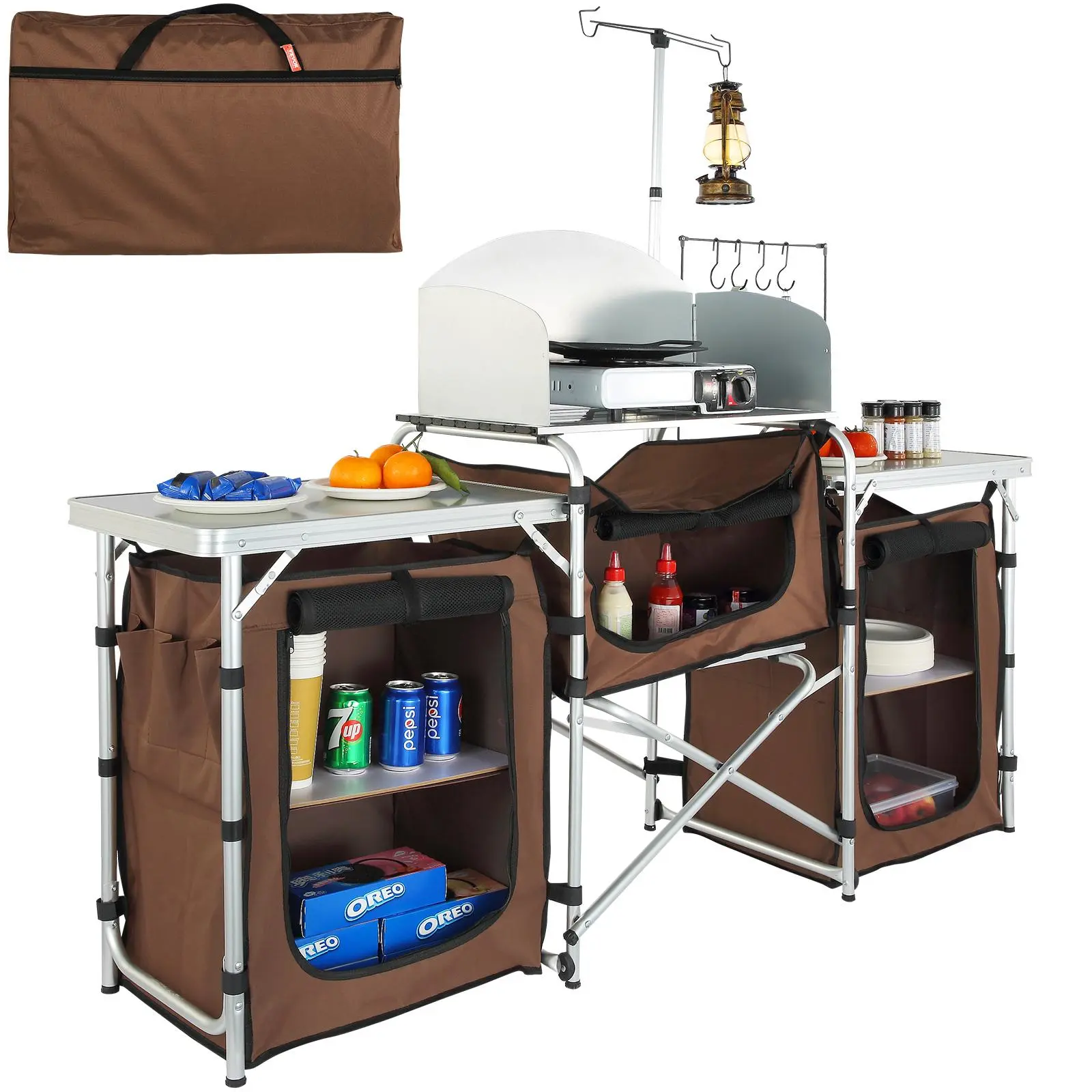 【summerfinds】VEVOR Portable Camping Kitchen Table, Folding Aluminum Cook Station with 3 Cupboards, Detachable Windscreen, and Carry Bag for Outdoor BBQ & Camping Accessories