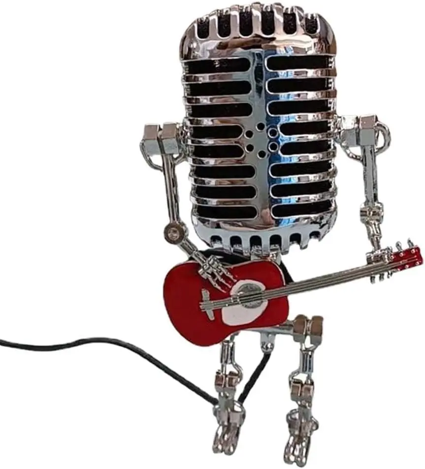 Vintage Steampunk Metal Microphone Robot Table Lamp - Handcrafted Compact Medieval Sculpture, Easy-Install Whimsical Decor, Interior Lighting Figurine, Perfect for Desk & Shelf, Unique Conversation Piece, Room Decor Decoration