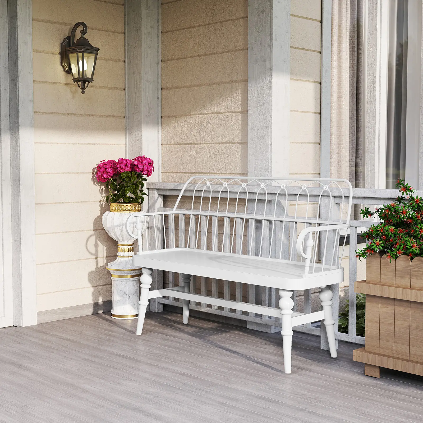 White Spindle Back Wooden Bench with Arms Farmhouse Entryway Bench for Adults Solid Wood Style Accent Bench Modern Farmhouse Style Comfortable Seating Space Saving Design Footstool With Storage