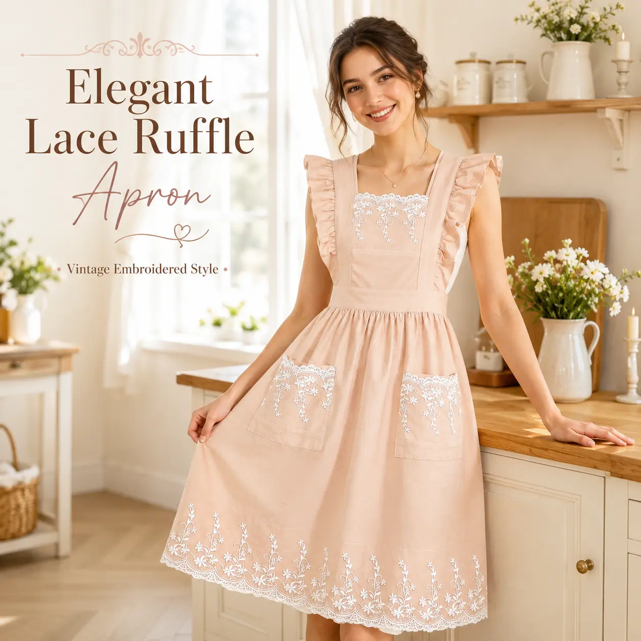 Vintage Ruffle Apron for Women – Cross Back Garden & Cooking Apron, Adjustable Retro Kitchen Apron, Cute Baking Gift for Her Beige Lace