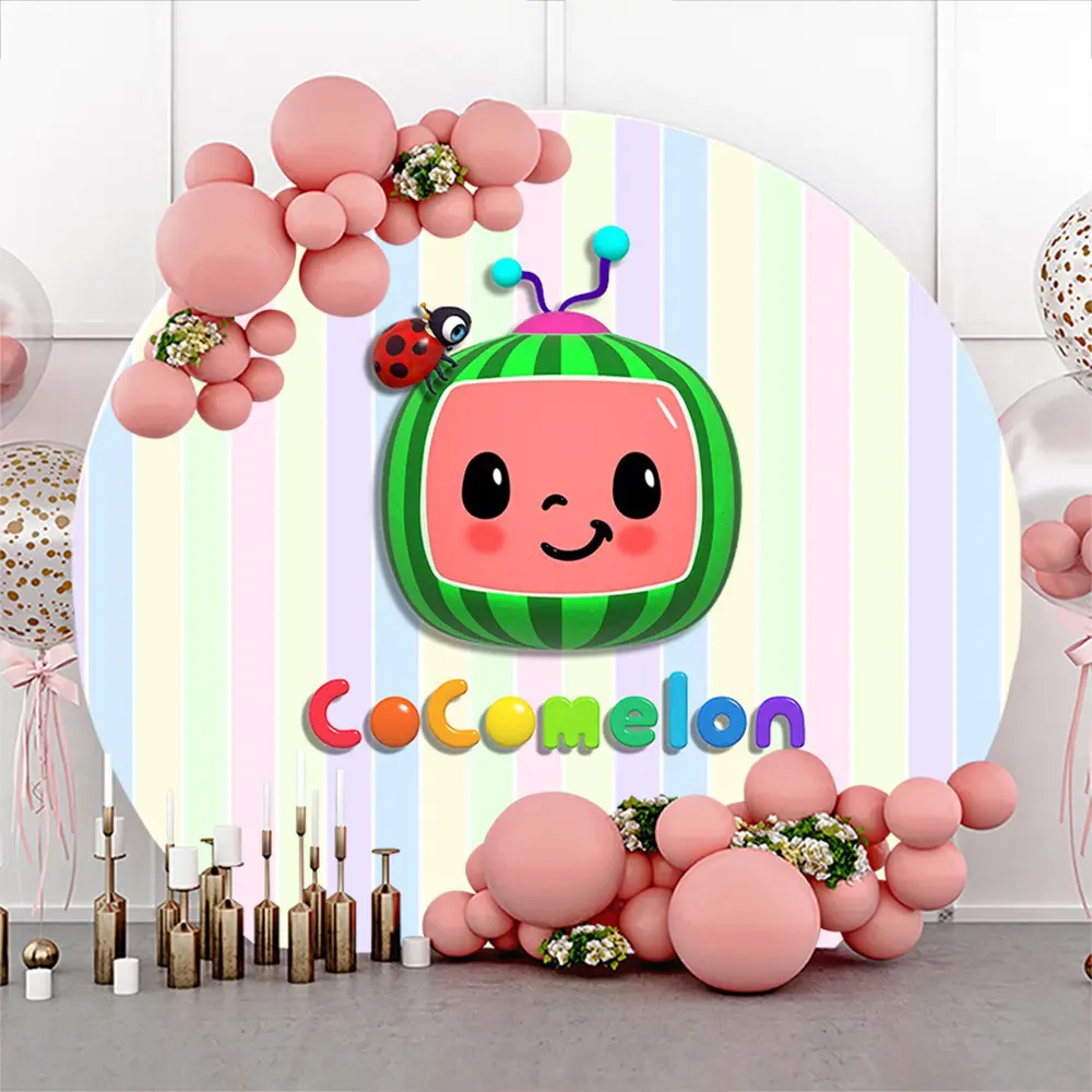 Hobaner 7.2FT Round Cartoon Melon Wall Backdrop Banner, Cute Watermelon Stripe Indoor Festive Photo Backdrop for Kids' Birthday, Home Party Decorations Supplies