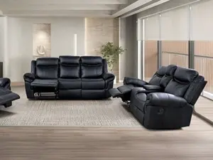 NX6001BK-2PC 2 pc Agata Black Leather Like Fabric Sofa and Love Seat Recliner Ends with Cup Console Set