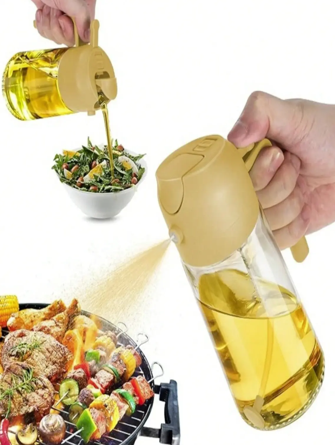 2-In-1 Glass Oil Dispenser And Sprayer - 1 Pack Round Shape - PVC Free - Machine Washable - Ideal For Cooking, Air Fryer, BBQ, Salad - Kitchen Oil Sprayer Bottle - Easy Grip Handle - Perfect For Cooking
