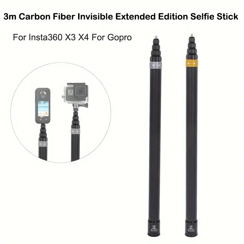 3 Meter Carbon Fiber Selfie Stick, Portable Selfie Accessory, Invisible Extended Version, Compatible with Insta360 X3 X4 Gopro 11/10 Tripod Monopod Microphone Accessories, Camera Mount, Camera Stand