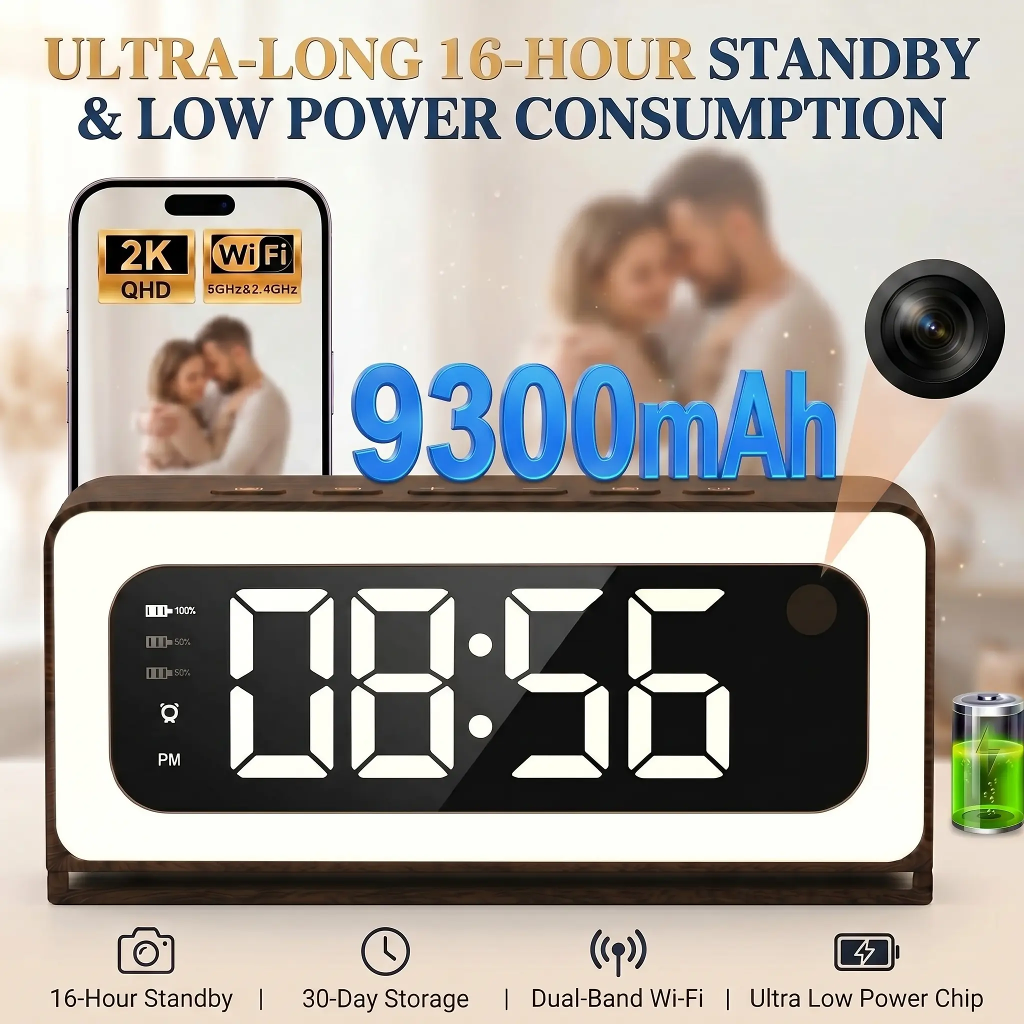 2K Smart Indoor Clock Camera,  9200mAH,Nanny Cam, Indoor Security Camera for Home, 5G & 2.4G WiFi, Full Color Night Vision, Motion Detection Alerts, Alarm Siren, Local SD Storage, Wood Grain Design