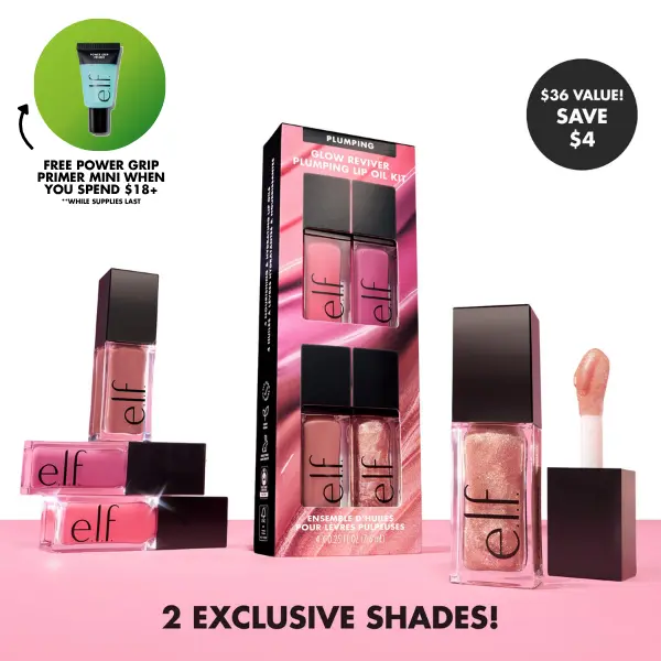 e.l.f. Glow Reviver Plumping Lip Oil Kit, 4 Shades with 2 Exclusive Colors for Ultra-Glossy Plumping Effect & Fresh Minty Scent 7.6mL